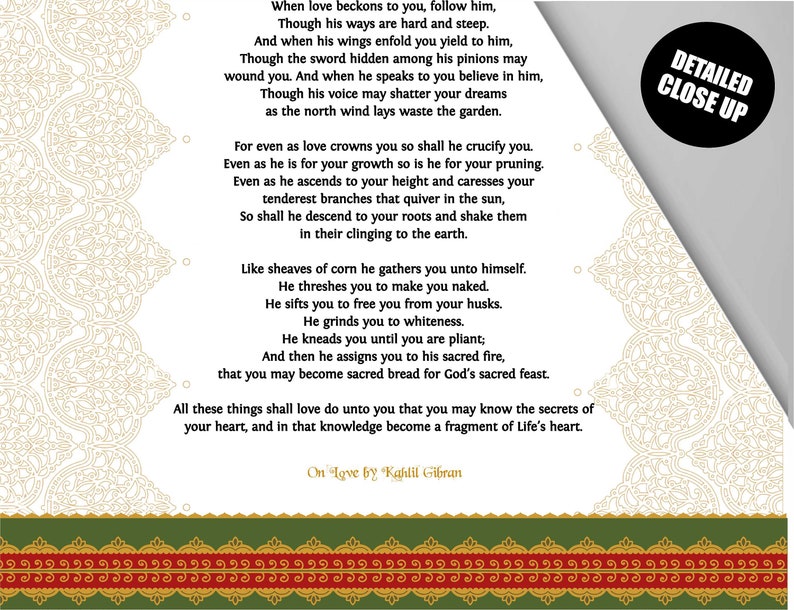 May include: A white background with a poem about love by Kahlil Gibran. The poem is titled "On Love". The text is in black font. The background has a decorative border of gold and red.