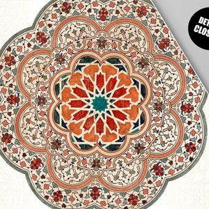 May include: Intricate mandala design with a central starburst in shades of red, orange, green, and blue. The design is surrounded by a border of floral motifs in shades of pink, green, and blue.