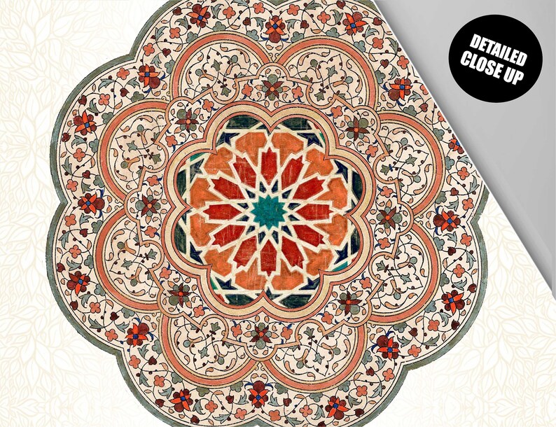 May include: Intricate mandala design with a central starburst in shades of red, orange, green, and blue. The design is surrounded by a border of floral motifs in shades of pink, green, and blue.