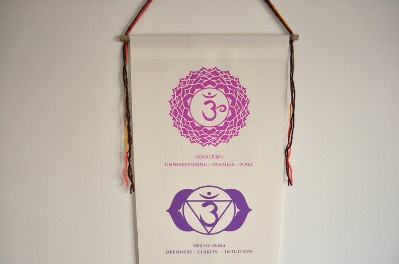 May include: A white banner with purple and white illustrations of the crown chakra and third eye chakra. The crown chakra is a lotus flower with the symbol Om in the center. The third eye chakra is a triangle with the symbol Om in the center and two eyes above it. The text below each chakra reads "crown chakra - understanding - oneness - peace" and "third eye chakra - openness - clarity - intuition".