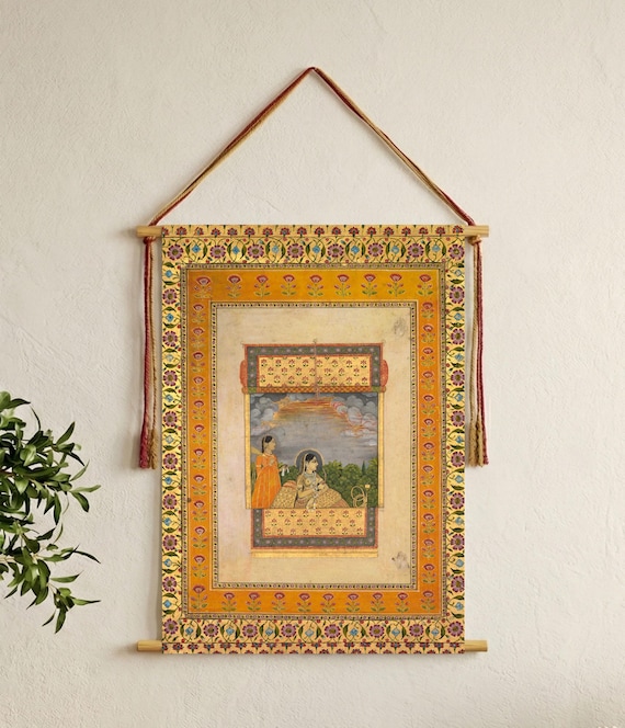 Mughal Princess Attendant Art Print – Palace Window Scene, Indian Miniature Painting (Cotton Wall Hanging)