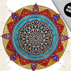 May include: A colorful circular design with intricate patterns in shades of red, blue, gold, and black. The design features a central motif surrounded by a series of concentric circles and floral elements.