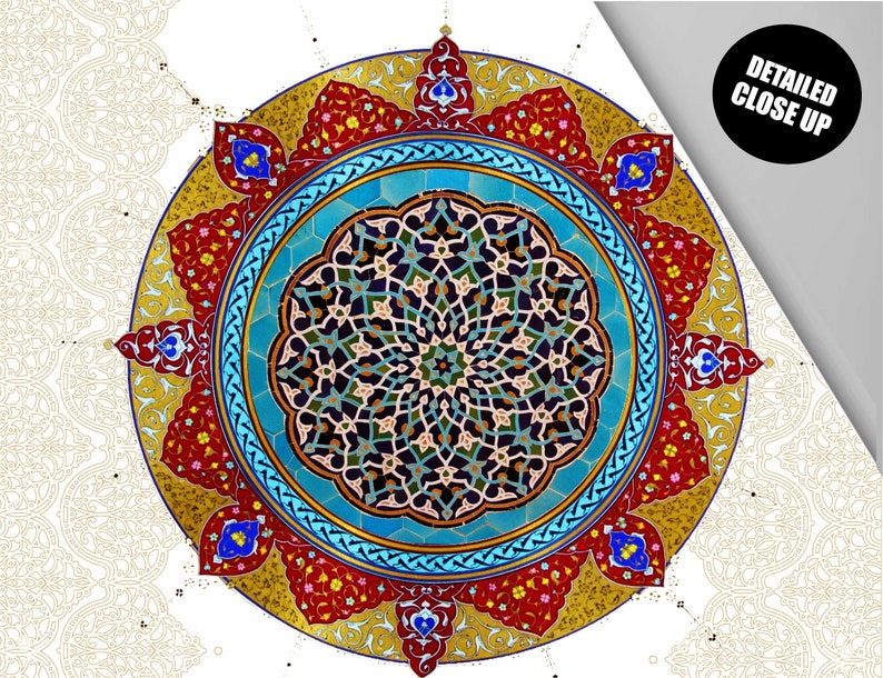 May include: A colorful circular design with intricate patterns in shades of red, blue, gold, and black. The design features a central motif surrounded by a series of concentric circles and floral elements.