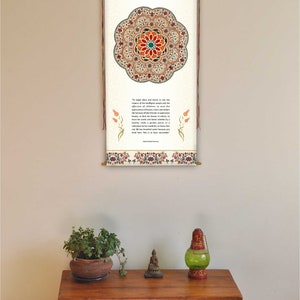 May include: A white canvas wall hanging with a colorful mandala design and a quote about the importance of children. The quote reads, "To laugh often and much, to win the respect of intelligent people and the affection of children, to earn the appreciation of honest critics and endure the betrayal of false friends, to appreciate beauty, to find the best in others, to leave the world a bit better, whether by a healthy child, a garden patch, or a redeemed social condition; to know even one life has breathed easier because you have lived here. This is to have succeeded." The wall hanging is ready to hang.