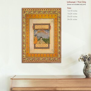 May include: An ornate framed print featuring a detailed miniature painting. The artwork depicts two figures in traditional attire within a decorative border. The text "Unframed / Print Only" and size options are visible.