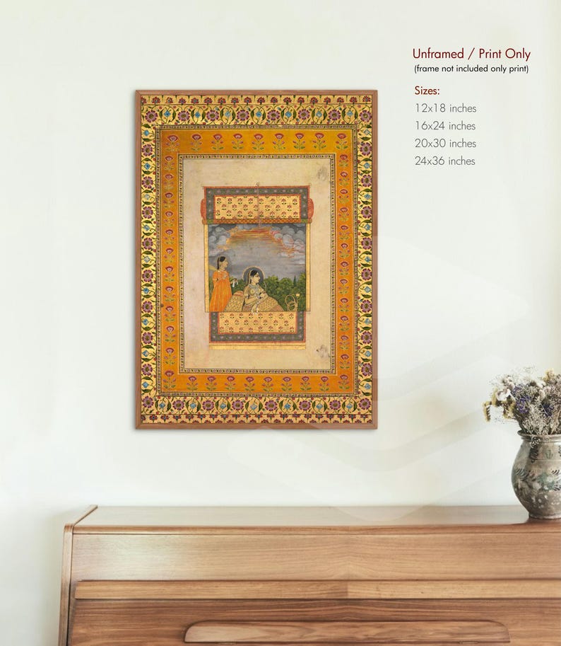 May include: An ornate framed print featuring a detailed miniature painting. The artwork depicts two figures in traditional attire within a decorative border. The text "Unframed / Print Only" and size options are visible.
