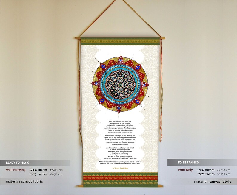 May include: A wall hanging with a colorful mandala design and a poem printed below. The mandala is in shades of red, blue, yellow, and green. The poem is printed in black ink on a white background. The wall hanging is 17x32 inches or 42x80 cm and is made of canvas fabric.