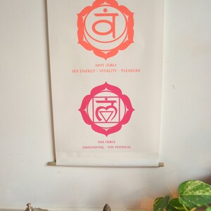 May include: A white poster with three pink and red chakra symbols. The symbols are surrounded by a flower-like design. The poster also includes the names of the chakras and their associated qualities. The text reads: "solar chakra FREEDOM SELF LOVE HUMOR", "navel chakra SEX ENERGY VITALITY PLEASURE", and "root chakra GROUNDING THE PHYSICAL".
