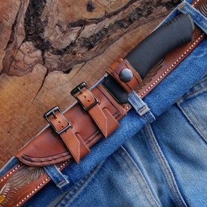 Horizontal "Scout Carry" Sheath for Mora Bushcraft Black Knife (Cross-Draw Option Available); Brown or Black Leather. (Knife NOT Included).