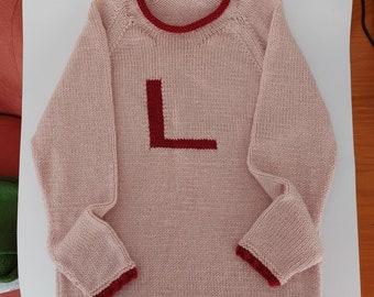 Size 6 years Soft Pink Sweater Alphabet Sweater with Cherry trims and Letter L - Ready to Ship Now