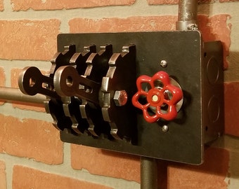 Industrial Triple-Gang Light Switch Cover with Dimmer Sillcock & Levers. Steampunk Modern Contemporary Wall Art Metal Art Gears