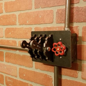 Industrial Triple-Gang Light Switch Cover with Dimmer Sillcock & Levers. Steampunk Modern Contemporary Wall Art Metal Art Gears image 1