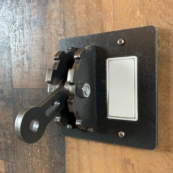 Industrial Steampunk Light Switch Plate with Rocker or Dimmer Plate Cutout. Modern Contemporary Wall Art Metal Art Gear Lever Mad Scientist.