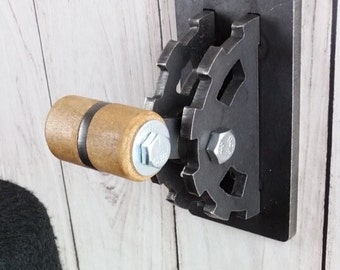 Steampunk Light Switch Cover with Wood Handle & Cutouts /Lever/ Gear/ Steel/ Functional Metal Art/ Industrial Home Decor/ Father's Day Gift