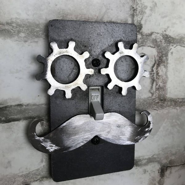 Steampunk Light Switch Cover / Steampunk Face / Mustache Face / Steampunk Gear Eyes / Steampunk Gift / Steampunk Home / Man Cave / Unique