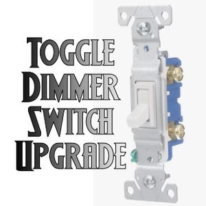 May include: White toggle dimmer switch with a white rocker and two brass screws. The switch is mounted on a white plastic plate with two screw holes.