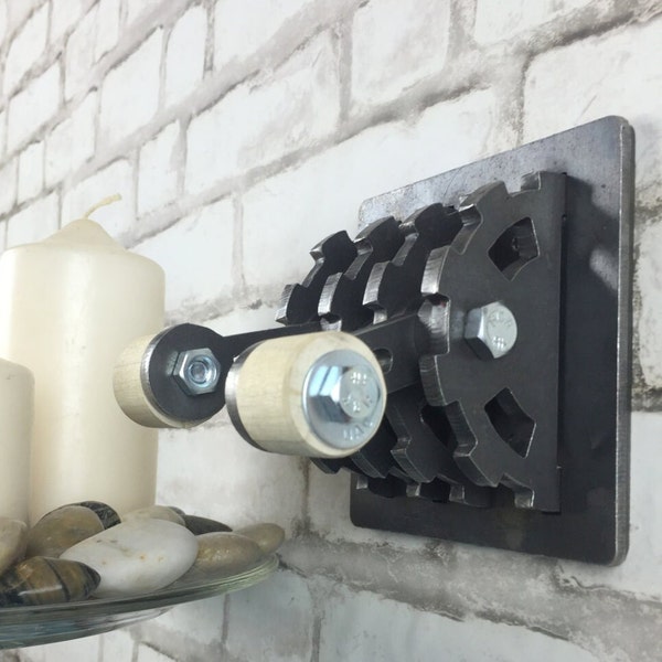 Gear Shaped Double Light Switch Cover with Wooden Handles and Center Cutouts. Steel Steampunk Industrial Modern Rustic Unique Lighting Decor