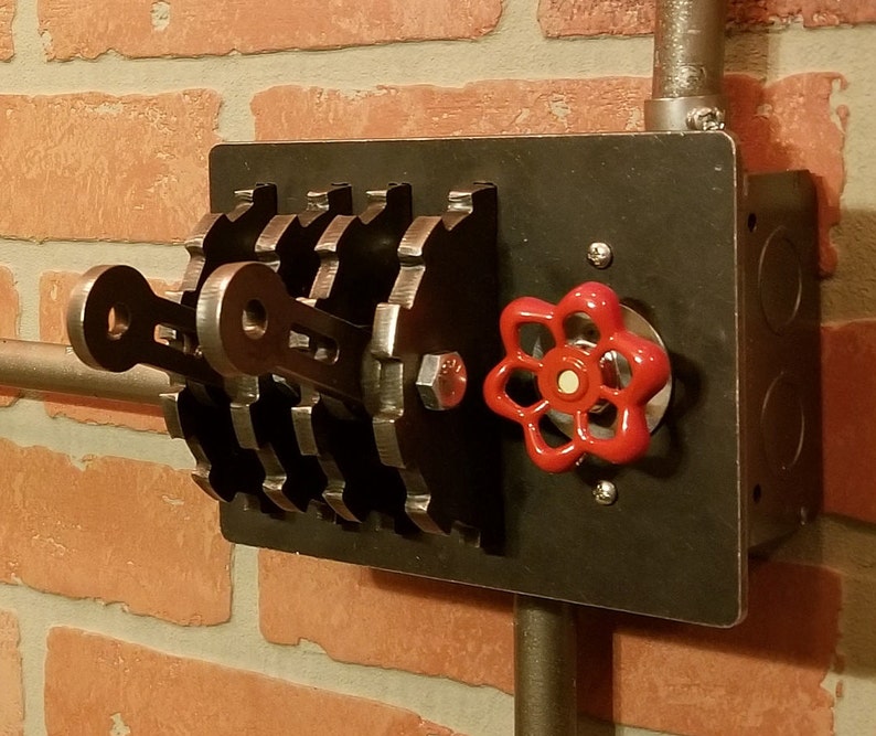 Industrial Triple-Gang Light Switch Cover with Dimmer Sillcock & Levers. Steampunk Modern Contemporary Wall Art Metal Art Gears image 1