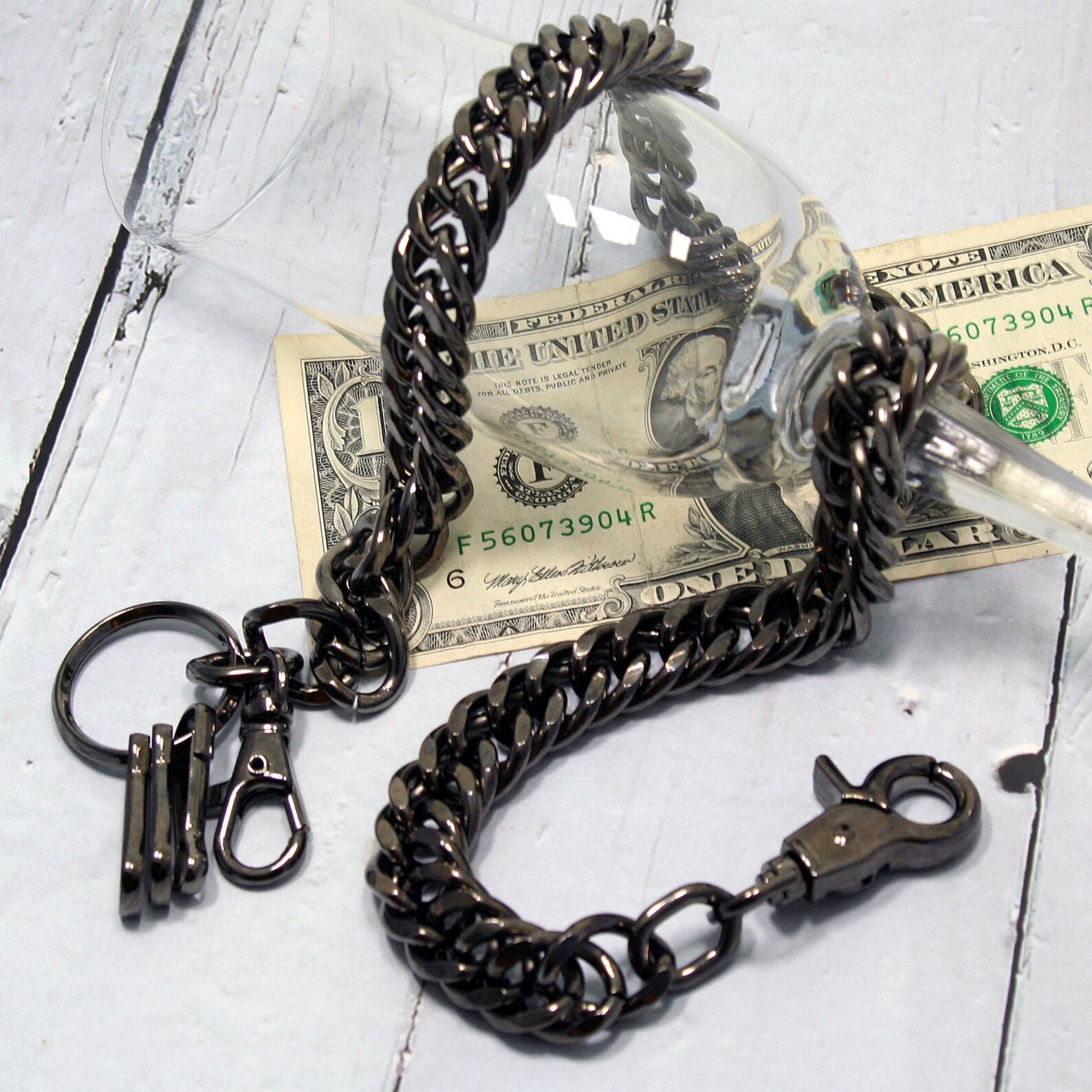 Rushtech Skull Wallet Chain – Heavy Metal Biker Keychain With Leather & Metal – Silver Unisex