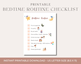 Kids Bedtime Routine Chart, Illustrated Checklist (Printable Download)