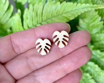Monstera Leaf Wood Stud Earrings: Laser Cut Boho Jewelry