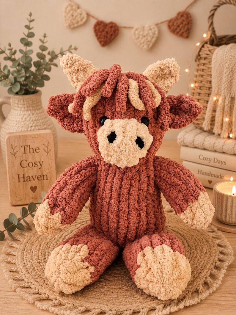 May include: A handmade, plush Highland cow stuffed animal in shades of brown and cream. The cow has a textured, chunky knit appearance, with a black nose and eyes. The text "The Cosy Haven" is on a wooden sign.