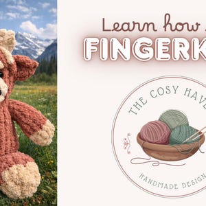 May include: A handmade, plush, brown and cream-colored Highland cow stuffed animal. The cow is in a grassy field with mountains in the background. Text reads "Learn how to FINGERKNIT" and a logo for "The Cosy Haven Handmade Design."