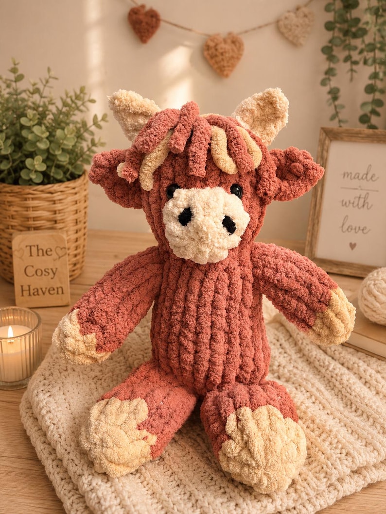 May include: A handmade, plush Highland cow stuffed animal in shades of dusty rose and cream. The cow has a textured, ribbed body, floppy ears, and a fluffy fringe. The Cozy Haven sign is visible in the background.
