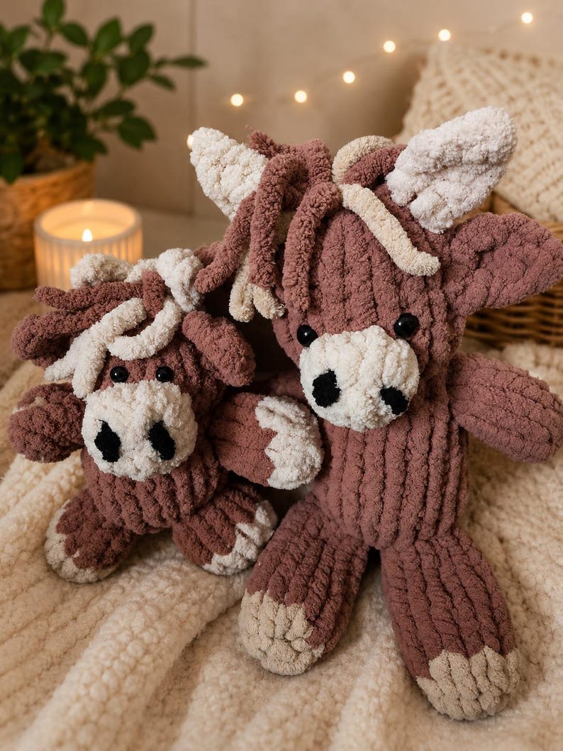 May include: Two handmade, plush cow stuffed animals. The cows are a dusty rose color with cream-colored accents on the ears, muzzle, and hooves. They have black button eyes and are sitting on a cream-colored, textured blanket.