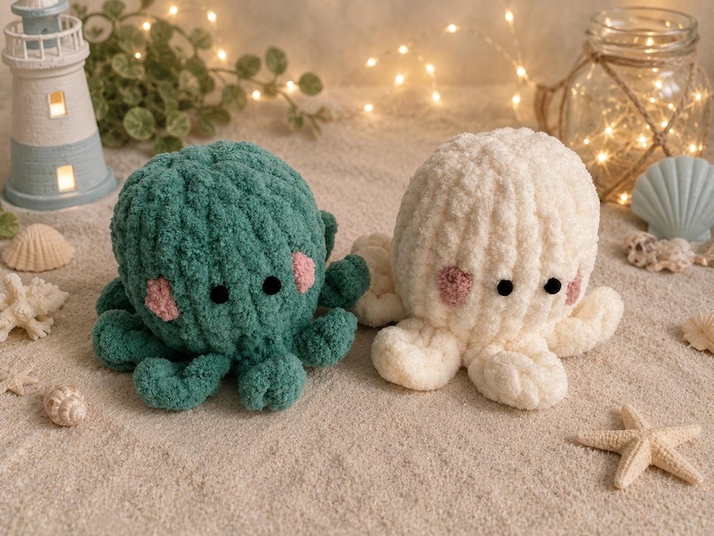 Op de afbeelding: Twee gehaakte octopus speelgoed, een in teal en een in cr&egrave;me, met zwarte ogen en roze wangen, liggen op een zanderig oppervlak. De teal octopus heeft een donkerdere groene tint, terwijl de cr&egrave;me octopus een zacht off-white is. Een vuurtoren en schelpen zijn ook zichtbaar.