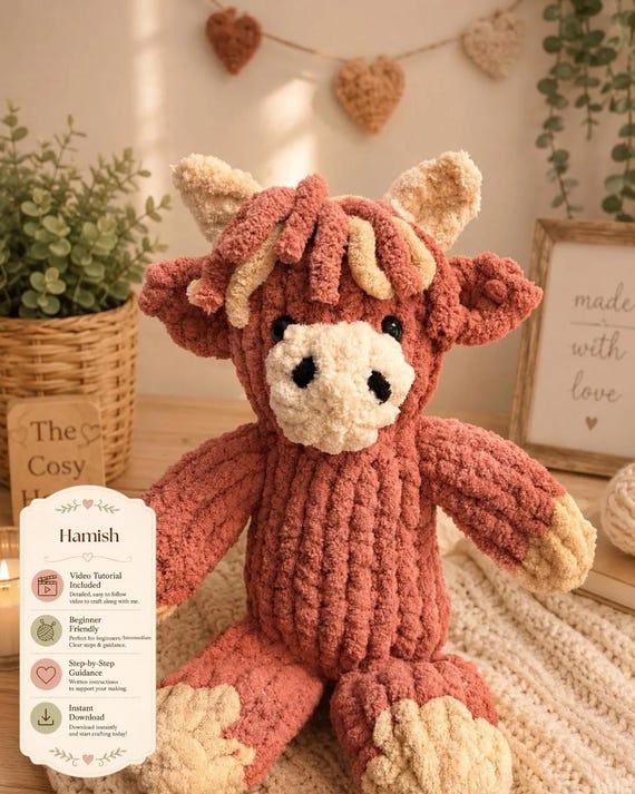 Highland Cow Finger Knitting Pattern Plushie Pattern: Video Tutorial & PDF Included (Digital Download)