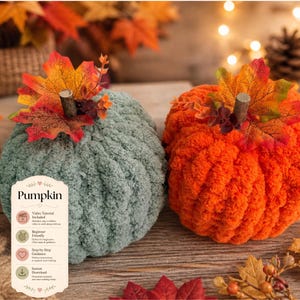 May include: Two plush pumpkins, one teal and one orange, are displayed. Each pumpkin has a wooden stem and is adorned with fall-colored leaves. The pumpkins are on a wooden surface, with additional fall foliage in the background. The word "Pumpkin" is visible.