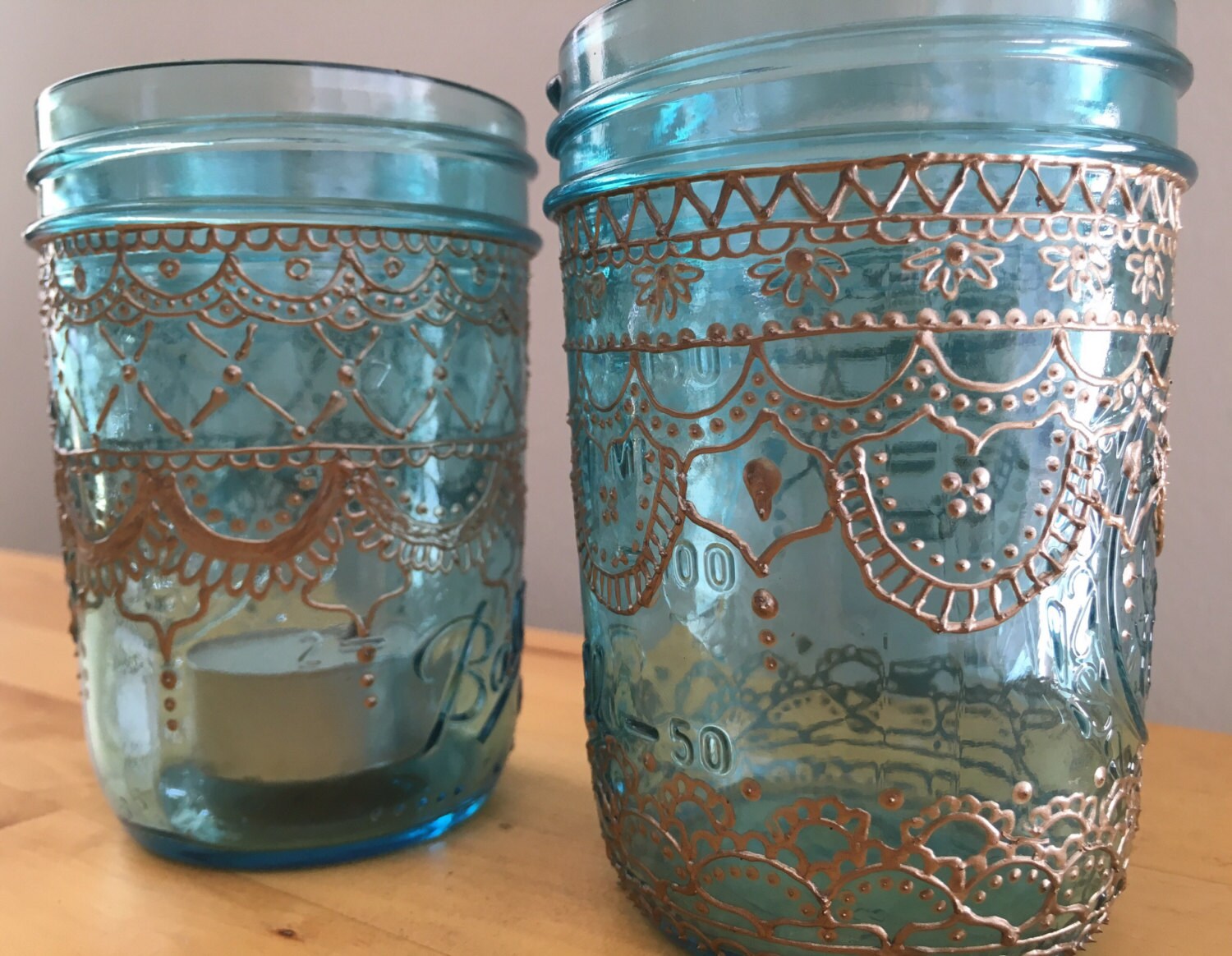 Boho chic candle holder blue glass jar with hand painted Etsy