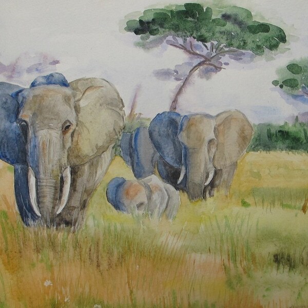 Watercolor Painting. Elephants. Safari. Original watercolor painting Handmade 12 "x16". Art