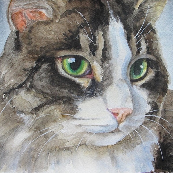 Original pet art, Custom Pet Portraits, original watercolor portrait pets to order, Personalized Cat Custom,  Cat Memorial Gift, cat art