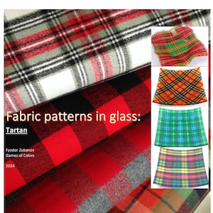 Könnte beinhalten: Nahaufnahme verschiedener Stoffmuster in Glas. Die Muster sind rot, schwarz, weiß, grün und blau. Der Text "Fabric patterns in glass: Tartan" ist oben im Bild sichtbar. Der Text "Fyodor Zubanov Games of Colors 2024" ist unten im Bild sichtbar.