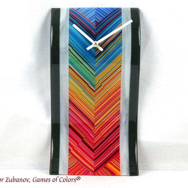 A decorative fused glass clock "Colorful Time"; Rectangular clock; quartz clock; battery powered; art glass; Wavy clock;