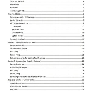 May include: Table of Contents for a book about glass fusing projects. The table lists the steps for each project, including required materials, assembling the project, and firing instructions.