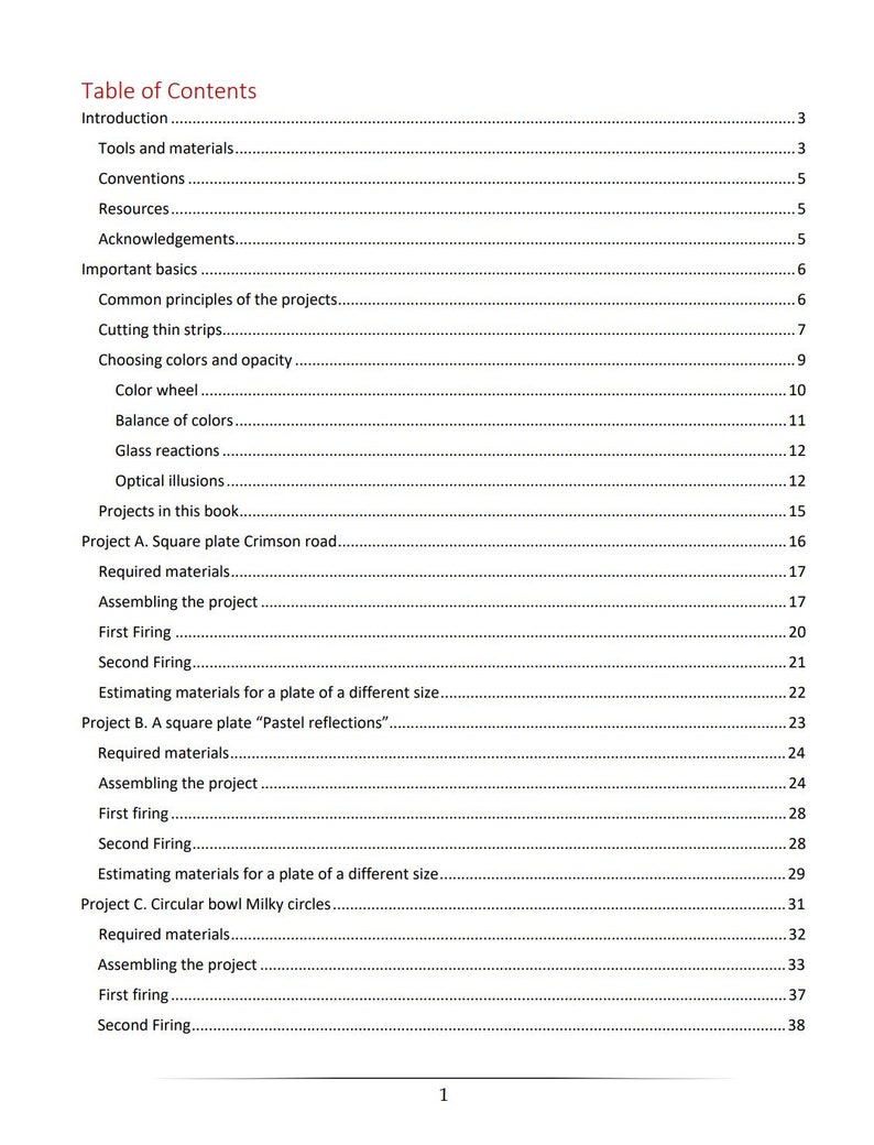 May include: Table of Contents for a book about glass fusing projects. The table lists the steps for each project, including required materials, assembling the project, and firing instructions.