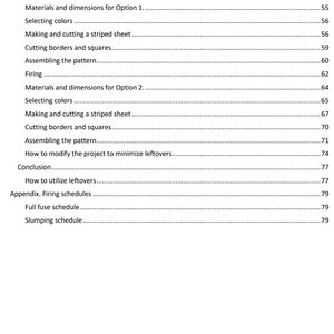 May include: A table of contents for a book or guide on making 3D ribbons. The table of contents includes topics such as materials and dimensions, selecting colors, possible variations, and firing.