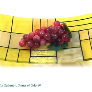 Puede incluir: Un plato de servir de vidrio amarillo con l&iacute;neas negras que forman un patr&oacute;n de cuadr&iacute;cula. Un racimo de uvas rojas se encuentra en el plato.