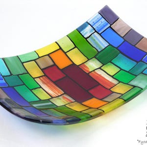 Plato de vidrio fusionado "Rainbow Rocky Road"; frutero; centro de mesa rectangular, hecho a mano