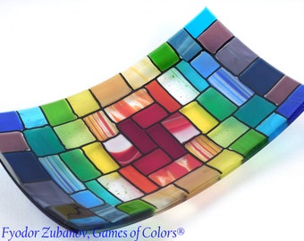 A rectangular fused glass plate "A Rainbow Rocky Road"; Decorative Plate; High quality; centerpiece; bowl for fruits