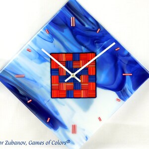 A decorative fused glass clock &quot;A diamond in the sky&quot;; art glass; wall clock; quartz clock; battery powered; Blue and red