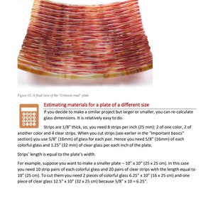May include: A close-up of a glass plate made with strips of colored glass. The plate is 10 inches by 10 inches (25 cm by 25 cm). The text "Estimating materials for a plate of a different size" is visible at the top of the image.
