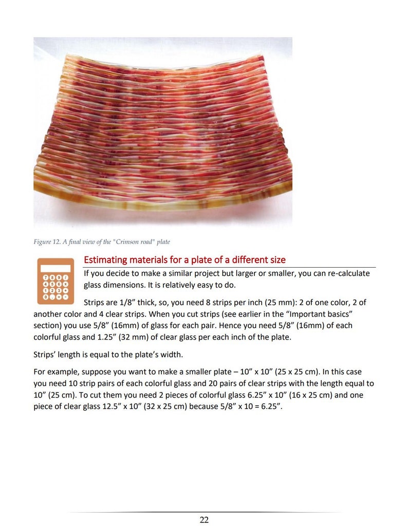 May include: A close-up of a glass plate made with strips of colored glass. The plate is 10 inches by 10 inches (25 cm by 25 cm). The text "Estimating materials for a plate of a different size" is visible at the top of the image.