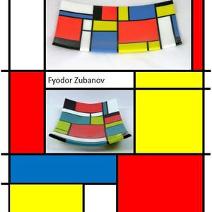 May include: A glass plate with a Mondrian-style design in red, yellow, blue, black, and white. The plate is curved and has a glossy finish. The text "Mondrian style in glass" and "Fyodor Zubanov" are visible in the image.