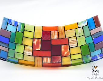 Plato de vidrio fusionado "Rainbow Rocky Road"; frutero; centro de mesa rectangular, hecho a mano