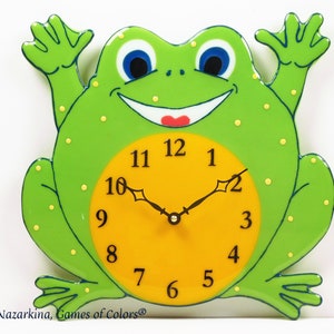 A decorative fused glass clock &quot;Joyful Frog&quot;; Kids clock; wall clock; quartz clock; battery powered; art glass; baby shower