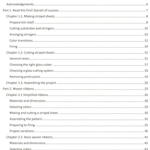 May include: Table of Contents for a book about making woven glass ribbons. The table of contents lists chapters and sub-chapters with page numbers.